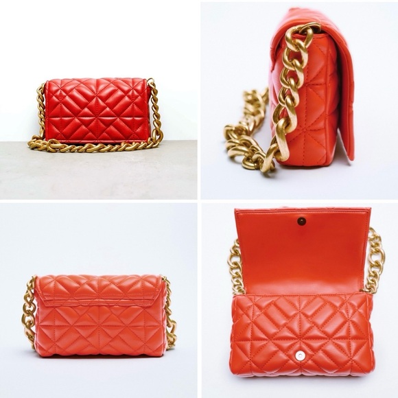 *ZARA* NWOT Quilted Chain Strap Shoulder Bag (Coral/Orange) - Picture 1 of 12